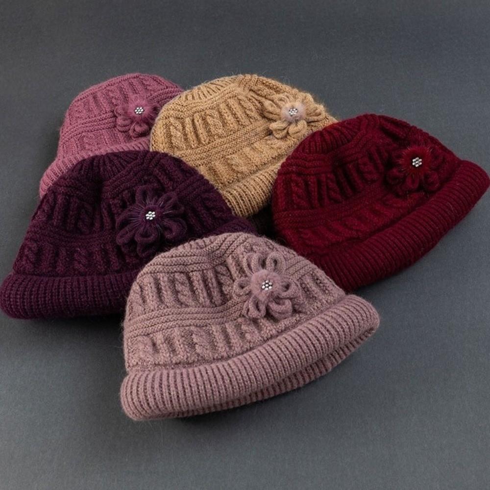 Plush Floral Knitted Bucket Hat Handmade Warm Fisherman Hat Sweet Woolen Hat  Grandma