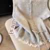 light grey round neck pearl button knit vest with lace trim and drawstring for women