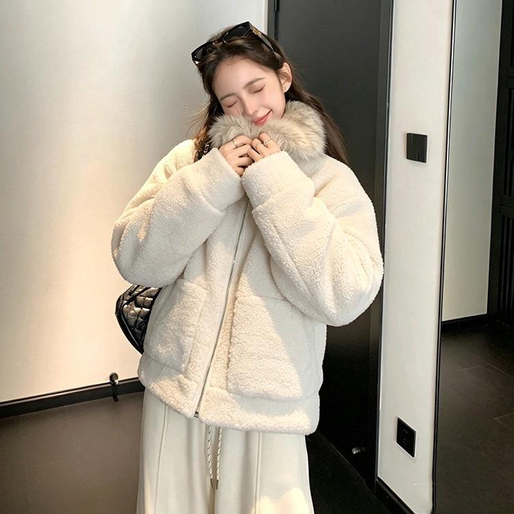 Direct sales hooded fur collar splicing knitted sweater jacket women's autumn and winter simple casual basic cardigan