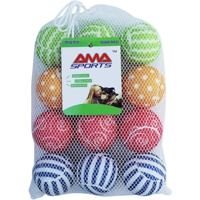 Balles de tennis pour chien - AMA SPORT - 12 Balles 2,5" - Taille M (6,35 cm) - Sifflet intégré - Multicolore résistant
