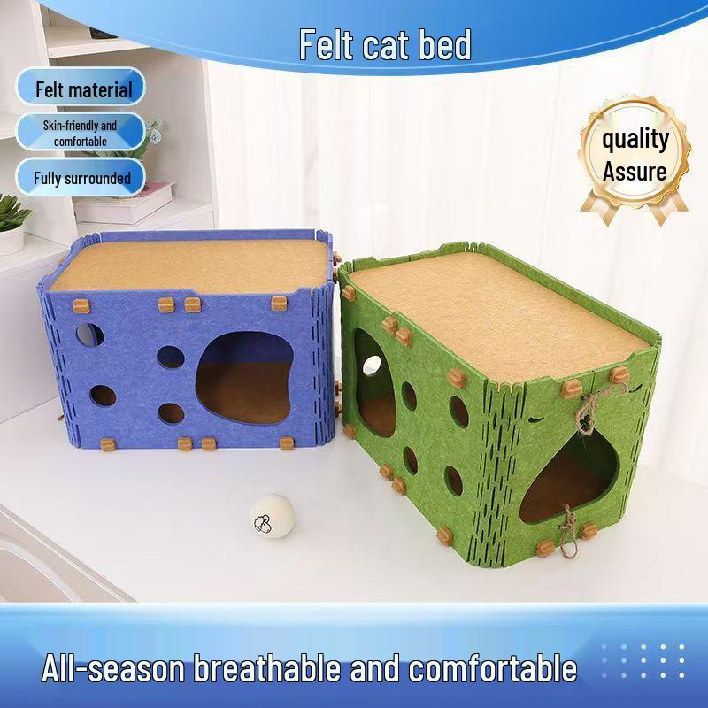 Breathable Felt Cat Bed with Large Scratching Area and Comfortable Toys