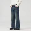 Jeans Autunnali a Gamba Dritta da Uomo Lavati Casual alla Moda di Marca Senso del Design High Street, Robusti e Belli Retrò con Pieghe a Lunghezza Pavimento