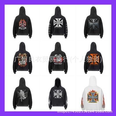 Mens Oversized Hooded Sweatshirt With Vintage Washed Cross Print Streetwear Casual Pullover Fall