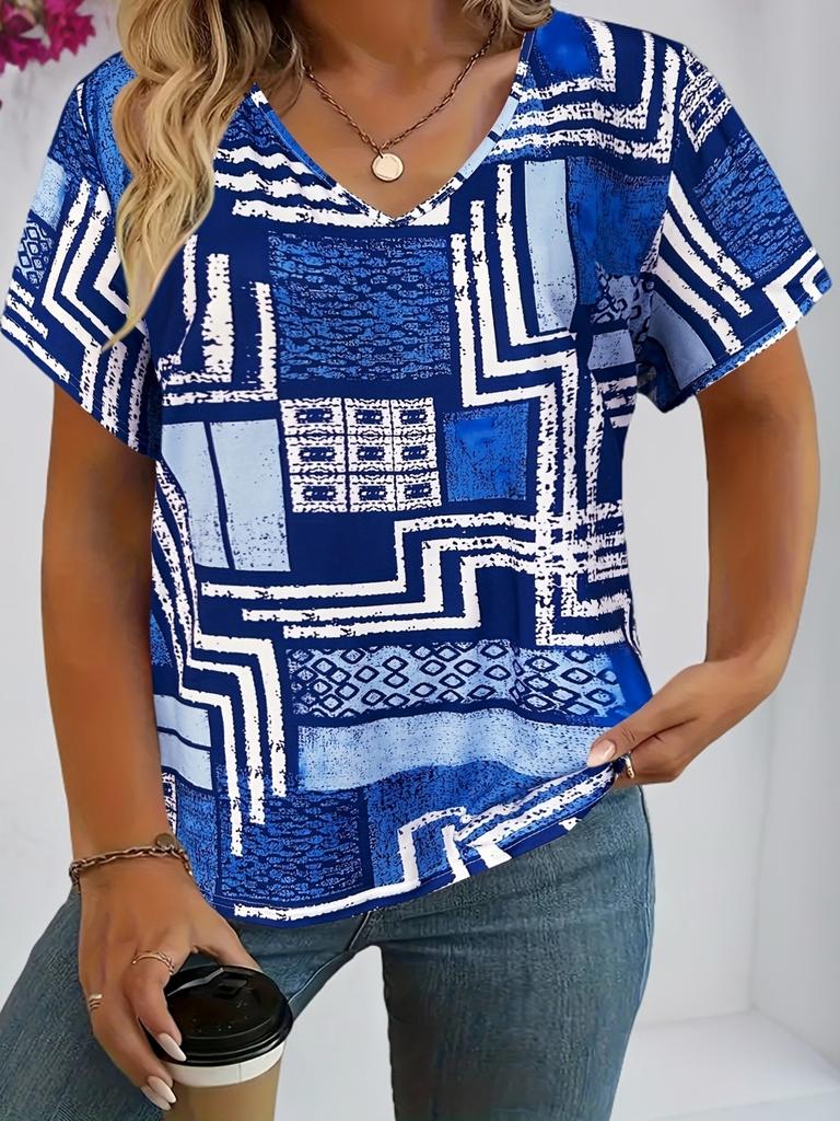 T-Shirt Damen Sommer Freizeit elegant schlicht V-Ausschnitt Kurzarm rotes Karomuster Oberteil locker lässige Kleidung Damen T-Shirt