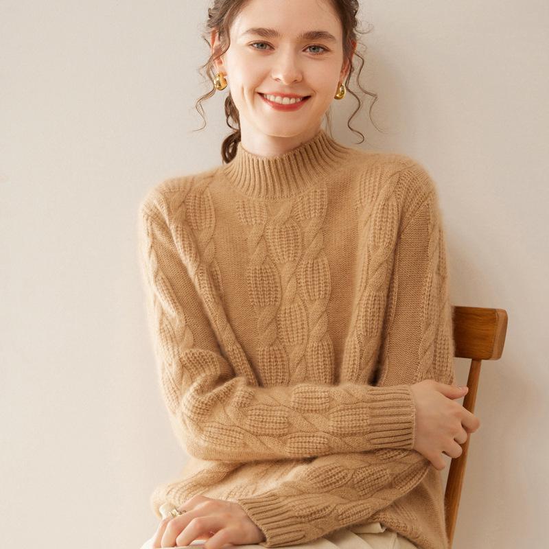 Women's Heavyweight Cashmere Jacquard Sweater - Thick Half-High Neck, Long Sleeve, Winter Knit Pullover