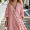 Comfortable Summer Dress Women Striped Long Sleeve Dress, V-Neck Collar Maxi Shirt Elegant for Autumn, Breathable Loose Fit Casual Retro