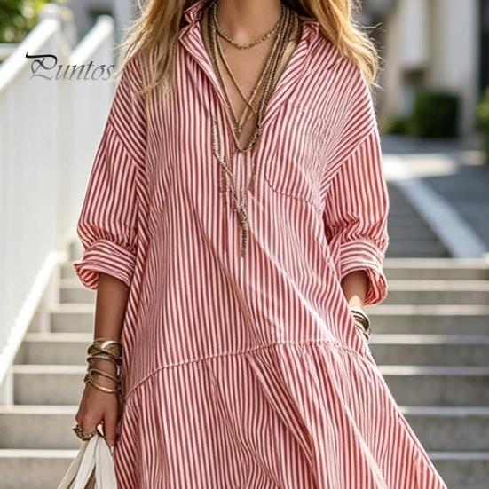 Comfortable Summer Dress Women Striped Long Sleeve Dress, V-Neck Collar Maxi Shirt Elegant for Autumn, Breathable Loose Fit Casual Retro