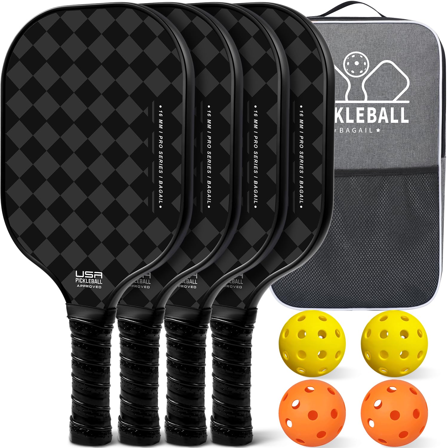 

BAGAIL Pickleball Paddle Set USAPA Approved Honeycomb Non-slip Sweat-absorbing Grip 4 Paddles 4 Pickleballs Carry Bag Ideal for Beginners and Pros