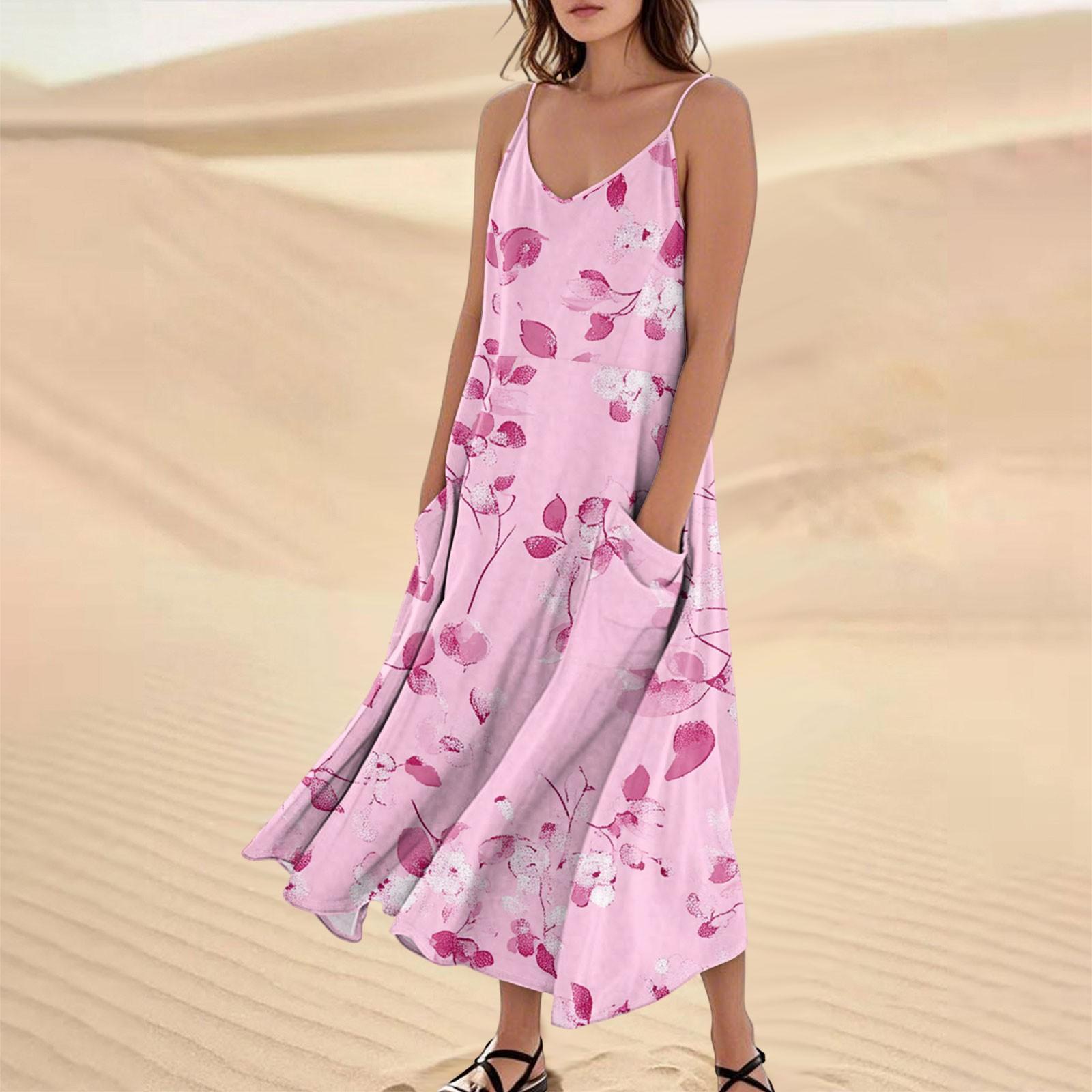 

Жіноча Мода Повсякденна Квітковий Принт Без Рукавів Кишеня Довга Пляжна Сукня M рожевий