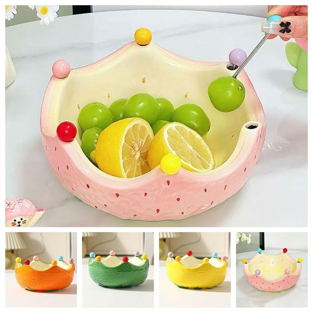 2-in-1 Keramik Obstteller Erdbeer-Orangen-Form Salat Servier-Obstgabel-Set mit Gabeln Dekoration Salatschüssel Obst-Einsatz