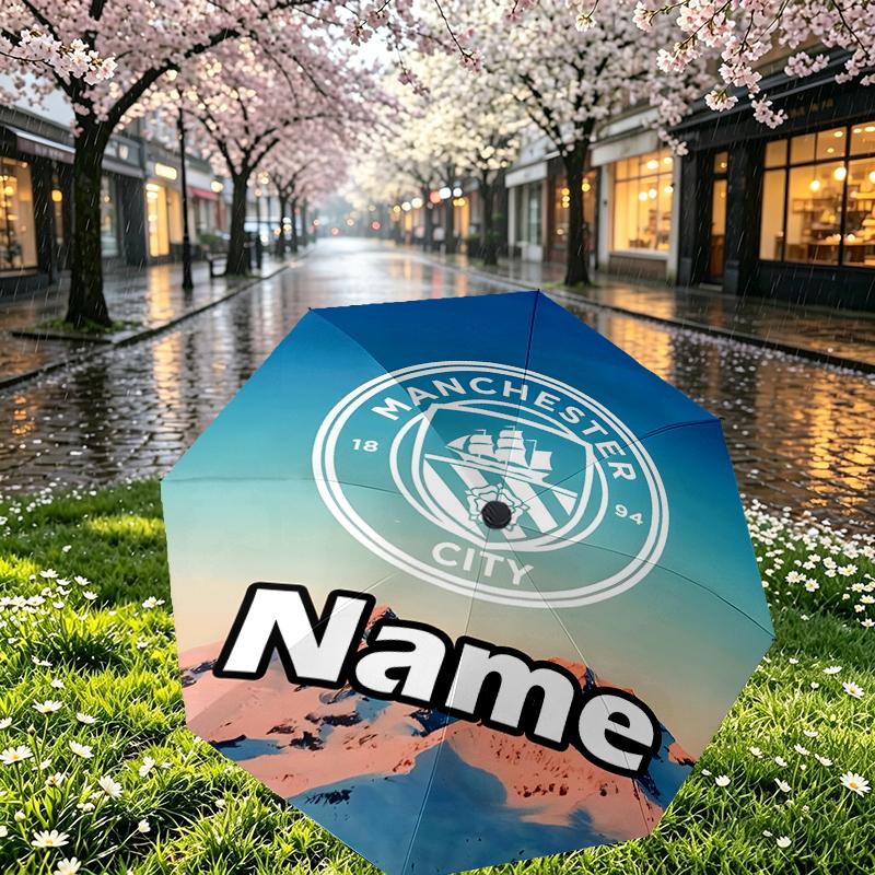 Custom Name Personalized Manchester City FC Print Umbrella, Auto Open Close, 8‑Rib Sturdy Frame, Commute Camping Hiking Use, Birthday Gift
