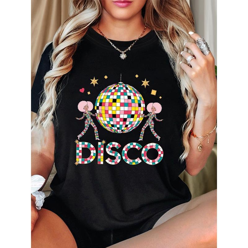 

Plus Size, DISCO Graphic Print Plus Size Women s T-shirt, Short Sleeve Crew Neck Casual Top for Summer & Spring, Women s Clothing S чёрный