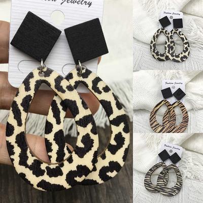 Raindrops Dangle Leopard Zebra Pattern Vintage Bohemian Style Earrings Wooden