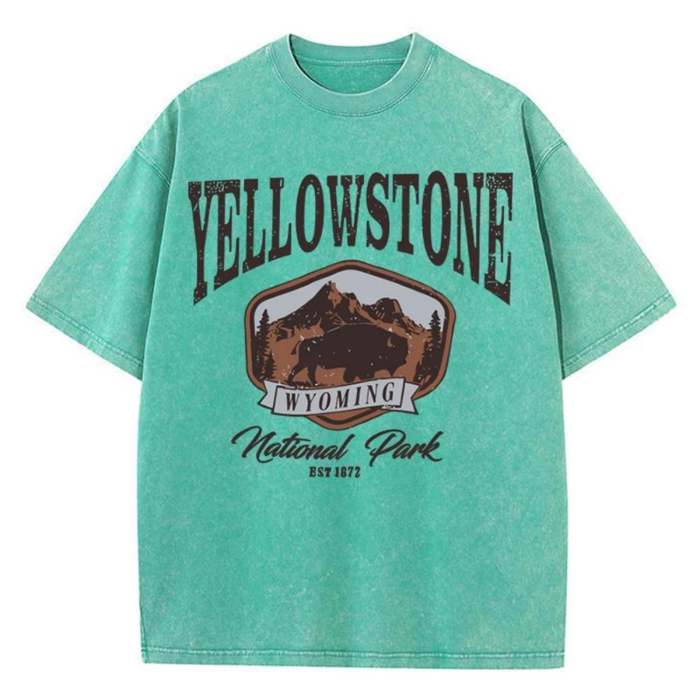 Women's and Men's Washed Cotton T-shirt Full Math Round Neck Short Sleeve Yellowstone Park Buffalo Print Top