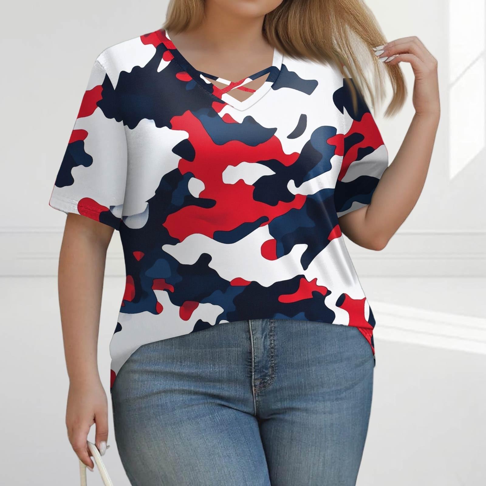 

Женская модная повседневная однотонная полосатая футболка с V-образным вырезом и коротким рукавом большого размера XL тёмно-синий