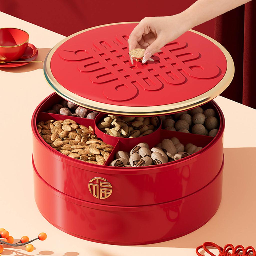 Snack-Servierschale Kunststoff Unterteilt mit Deckel Chinesisches Knotenmuster für Frühlingsfest Nüsse und Rosinen Aufbewahrungsbox