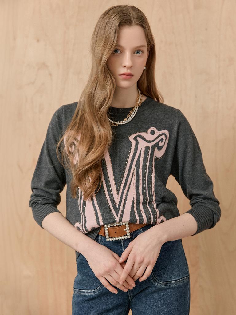 MAXZA M Cubic Lettering Wool Blend Round Neck Knit