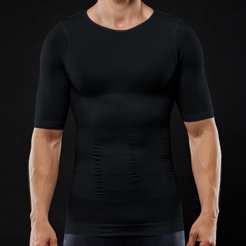 Men's Seamless Sculpting Chest Binder & Waist Trainer with Back Support, Short Sleeve, No-Trace Design in Black or White.