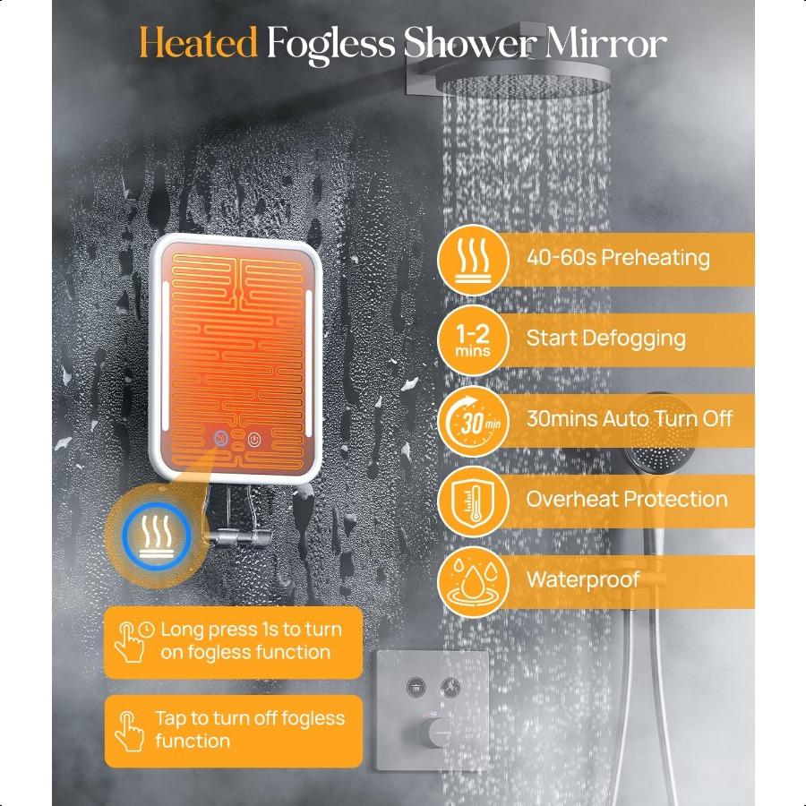 Heated Shaving Mirror for Shower Fogl with Light Rechargeable Battery and Adjustable Brightn Suction Cup and Razor Holder Remov