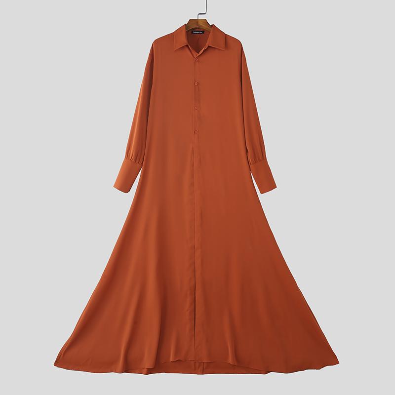 

INCERUN Мужские рубашки макси с отложным воротником, длинными рукавами, пуговицами, высокими разрезами и расклешенным подолом S оранжевый