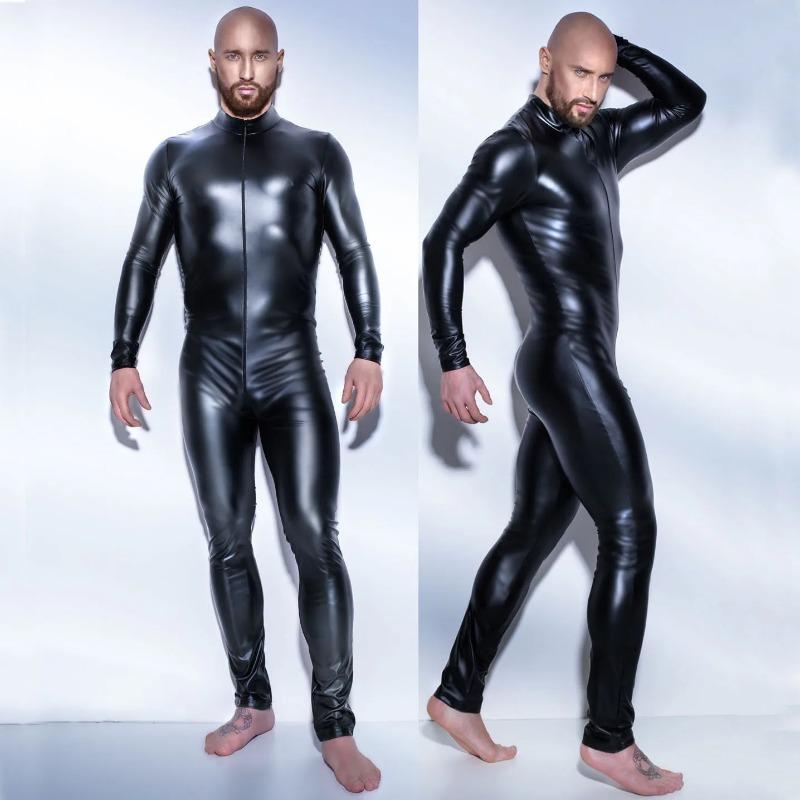 Sexy Men Shiny Pu Faux Leather Catsuit Jumpsuit Nightclub Erotic Lingerie Wetlook Latex Zentai Jumpsuit Costume