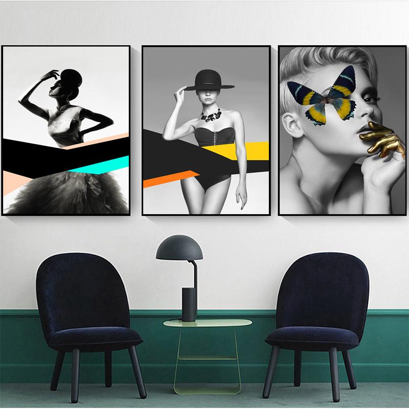 Nowoczesna moda Wall Art kobieta Home Decor czarny abstrakcyjny piękny motyl obraz na płótnie drukuje zdjęcia na plakat do salonu