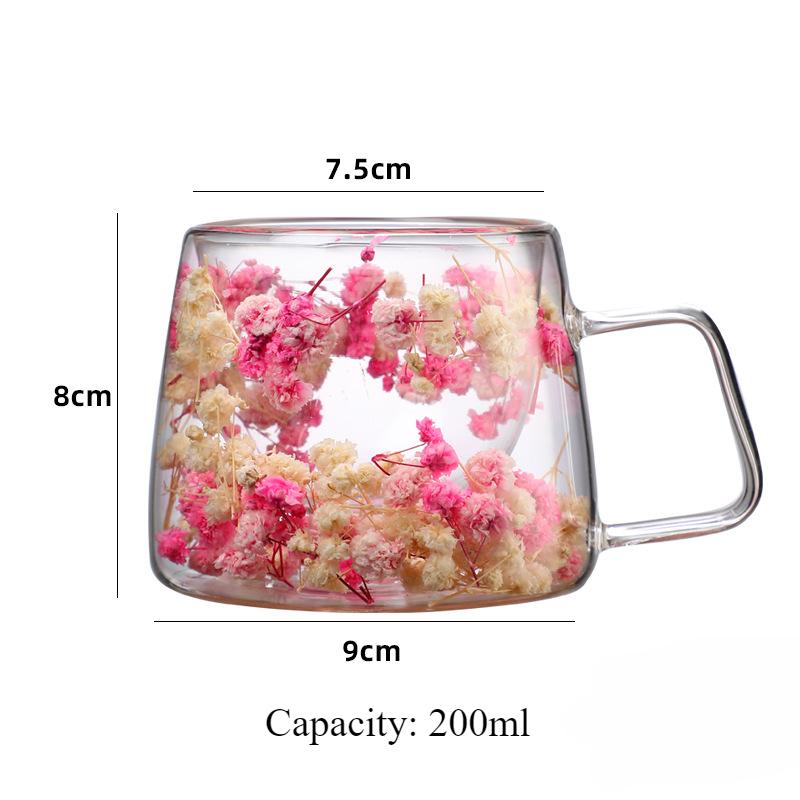 200ml Flower Coffee Cup Double Wall Glass Heat Resistant Dried Floral Mug Crsytal Iced Coffee Beer Wine Glass Beverage Glassware