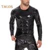 Men's Liquid Shiny Faux Leather Top Metallic Wet Look Long Sleeve Tee Zipper Shoulder Slim Fit Shirt Hip Hop Nightclub Party Blouse
