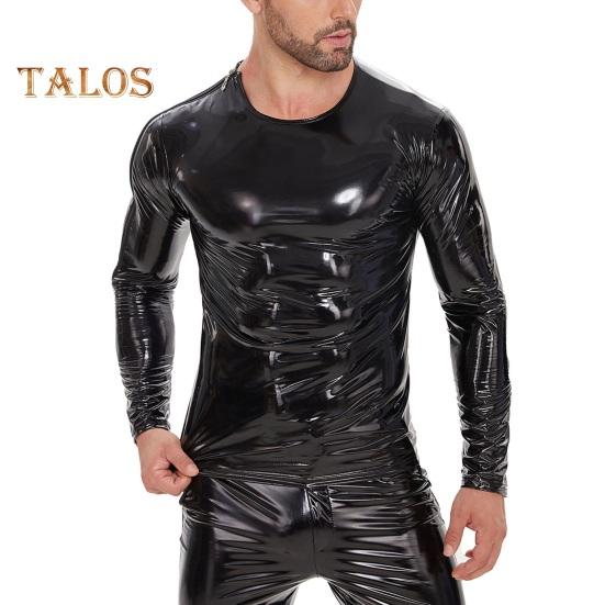 Men's Liquid Shiny Faux Leather Top Metallic Wet Look Long Sleeve Tee Zipper Shoulder Slim Fit Shirt Hip Hop Nightclub Party Blouse