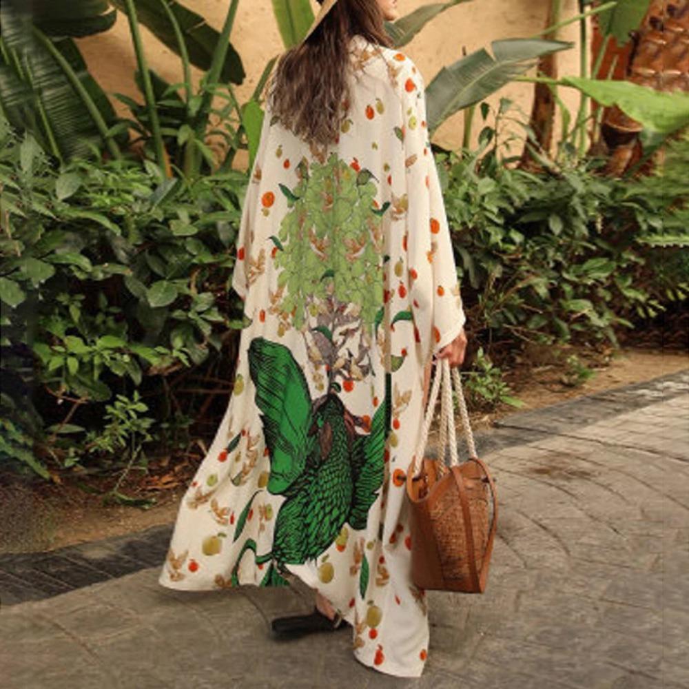 

Peacock Print Beach Cover Up Boho Beach Cardigan Casual Long Dress Beachwear For Women зелёный