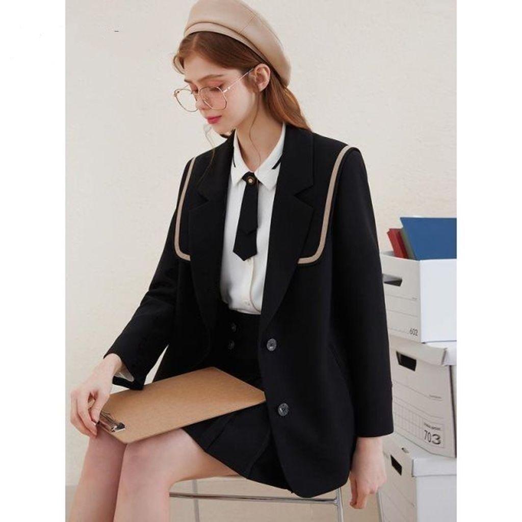 

Модный женский повседневный свободный пиджак с темно-синим воротником на любой случай L чёрный