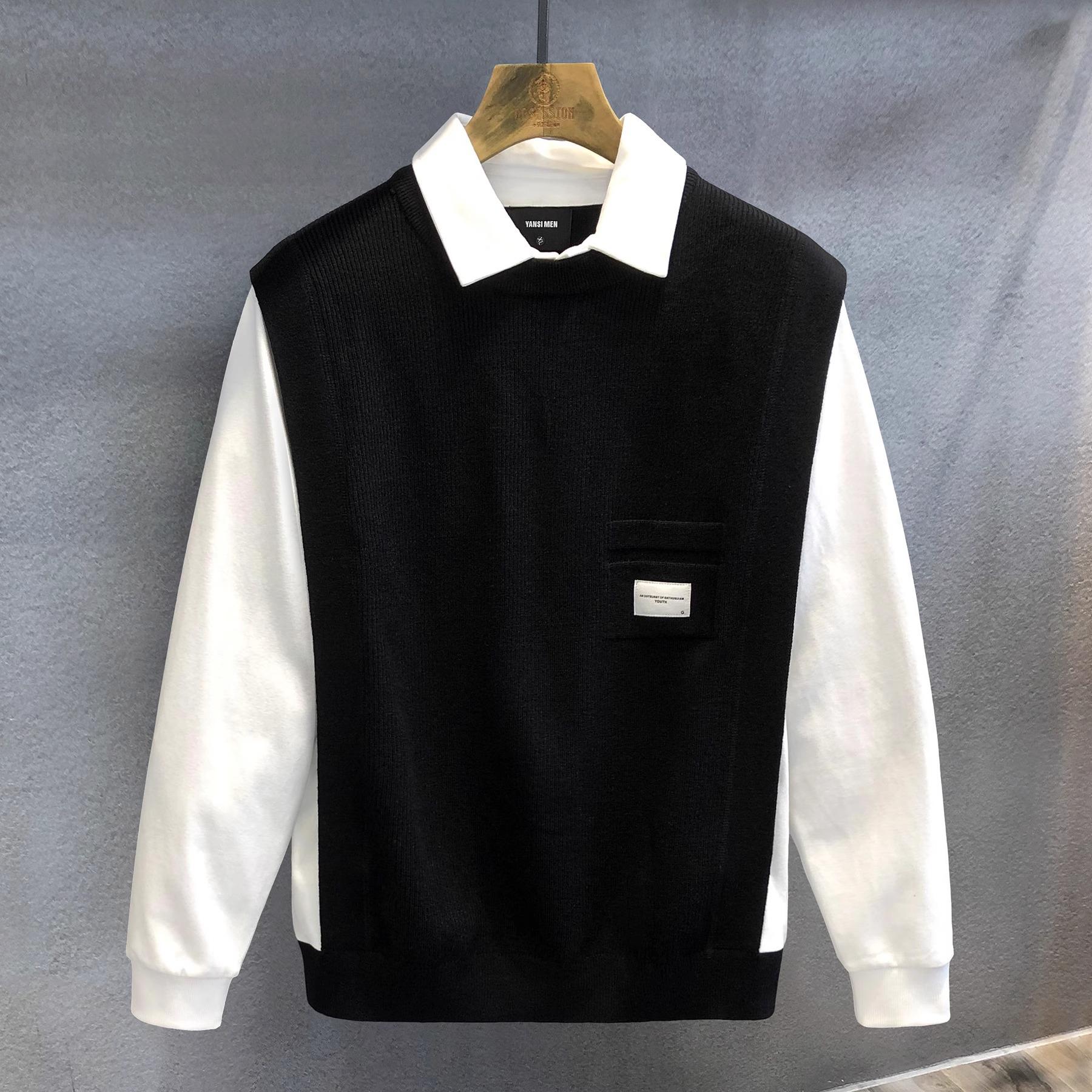

2025 Fall/Winter Men s Mature Style Two-Piece Look Knit Sweater XL чорний