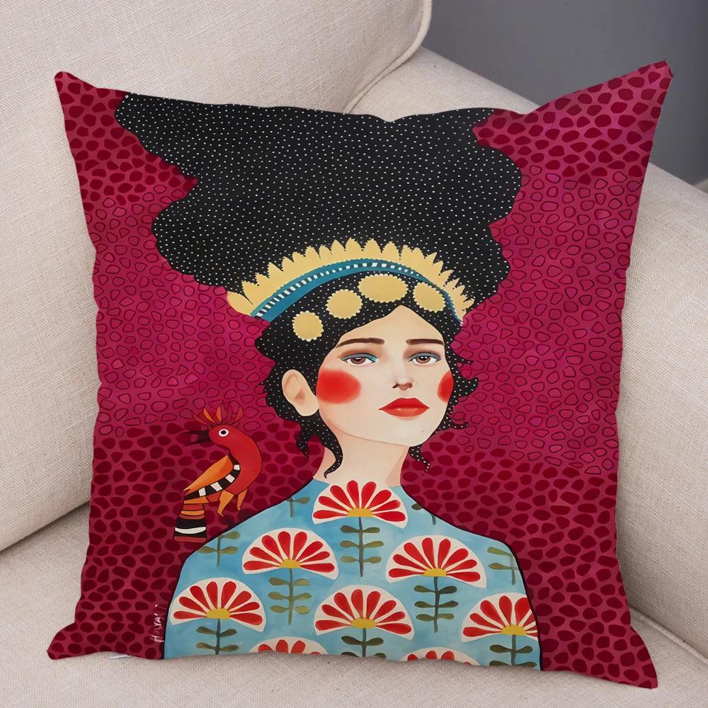 Fashion Abstract Girl Pillowcase Soft Plush Decor Cartoon Flower Lady Cushion Cover for Sofa Home Throw Pillow Case 45x45cm