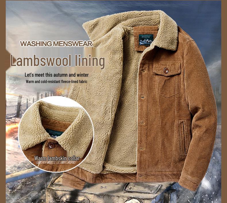 Men's Retro Corduroy Lambswool Jacket - Thickened, Fleece-Lined Cotton-Padded Coat for Autumn and Winter.