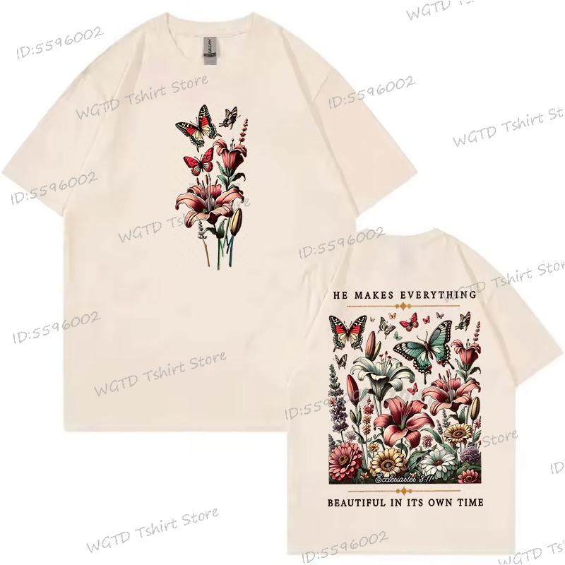 Christian Floral Vintage Boho T-shirt Women He Makes Everything Beautiful Graphic Tee Inspirational Retro Flower Religious Shirt