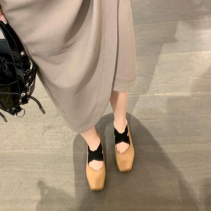 Cowhide Version~ British Style Square Head Leather Ballet Single Shoes Women's Cross Strap Thick Heel Mary Jane Small Leather Shoes Ladyshoes