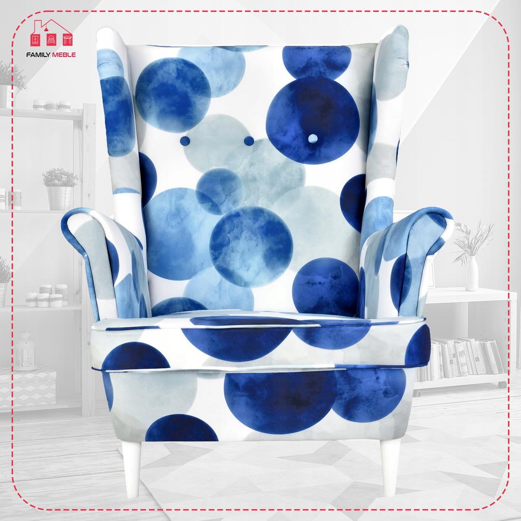 ARI PRINT Wing Chair with Footrest, Scandinavian Family Meble Blue Pas