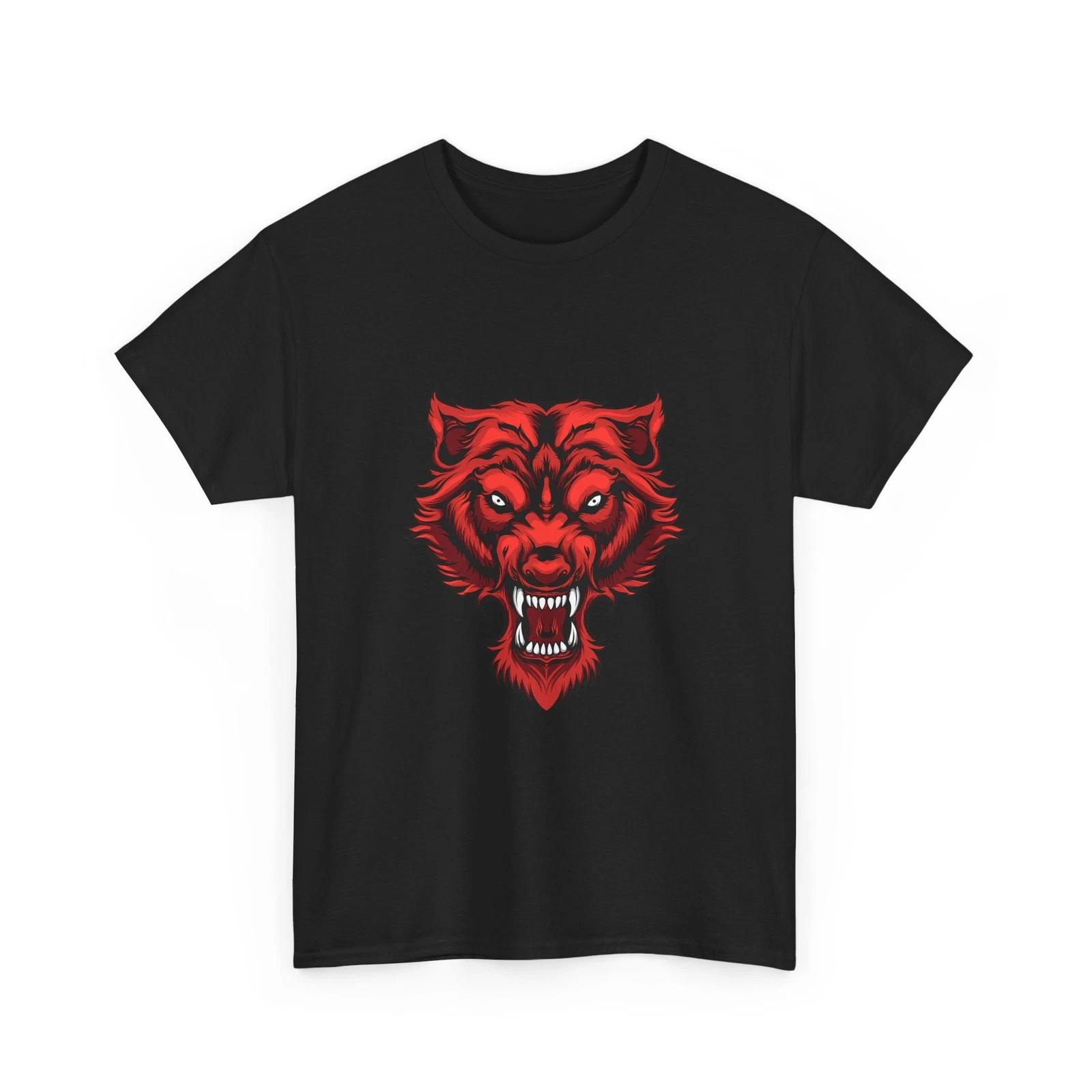 Red Wolf Head T-Shirt | Fierce Wolf Illustration, Wild Animal Shirt, Cotton Tee 2XL