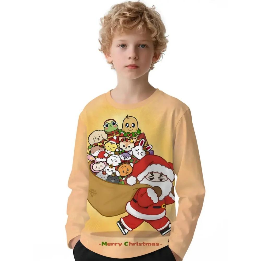 Frühlings- und Herbst-Rundhals-3D-Weihnachtsdruck-T-Shirts Modische lässige langärmlige Kinder-Jungen-T-Shirts