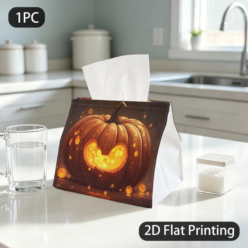 1pc Tissue Box, Halloween Style Glowing Jack O Lantern Warm Festive Pattern, 2D Flat Printing, Keeps Dust Out, Portable, Napkin Dispenser, for Parties
