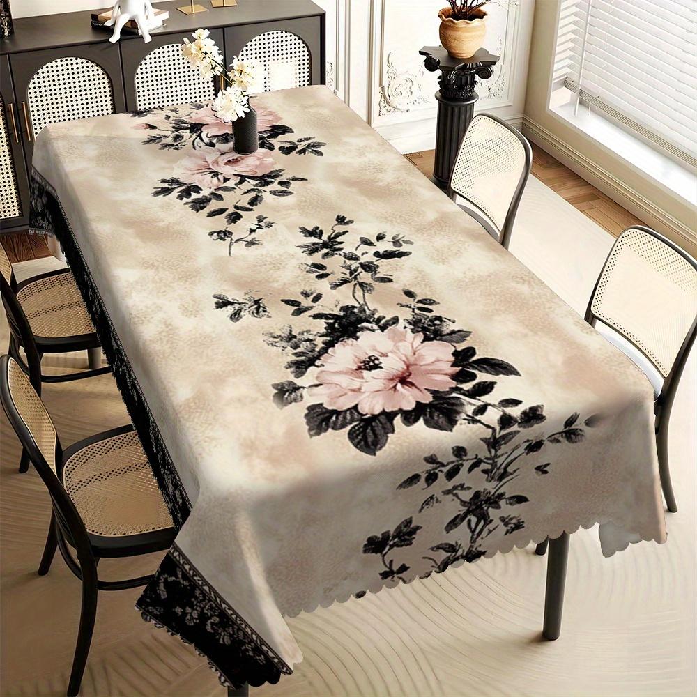 Vintage Tafelkleed met Bloemenprint, Roze Rozen met Zwarte Bladeren, Kantrand & Golvende Rand, Vlekbestendig voor Eetkamer 100x160cm