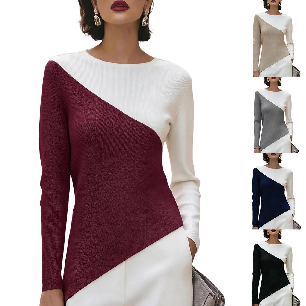 Women's Contrasting Color Slim Fit Knit Top with Irregular Hem for Work