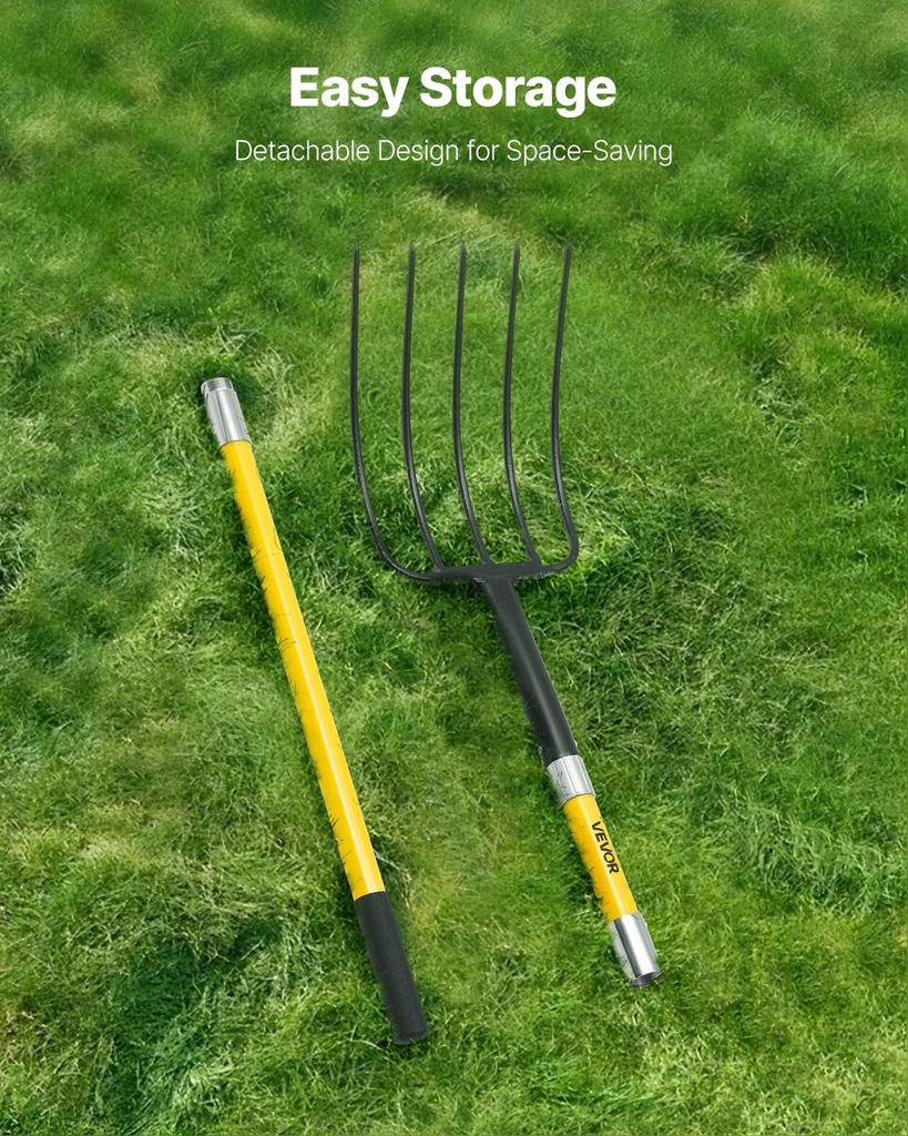 5 Tines Garden Fork Fiberglass Handle 57 in Spading Pitchfork Heavy Duty