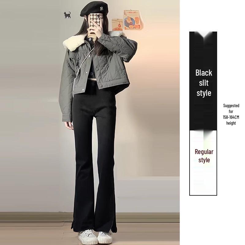 Damen Schwarze Fleecegefütterte High-Waist Schlankmachende Schlaghose für Herbst/Winter 2025