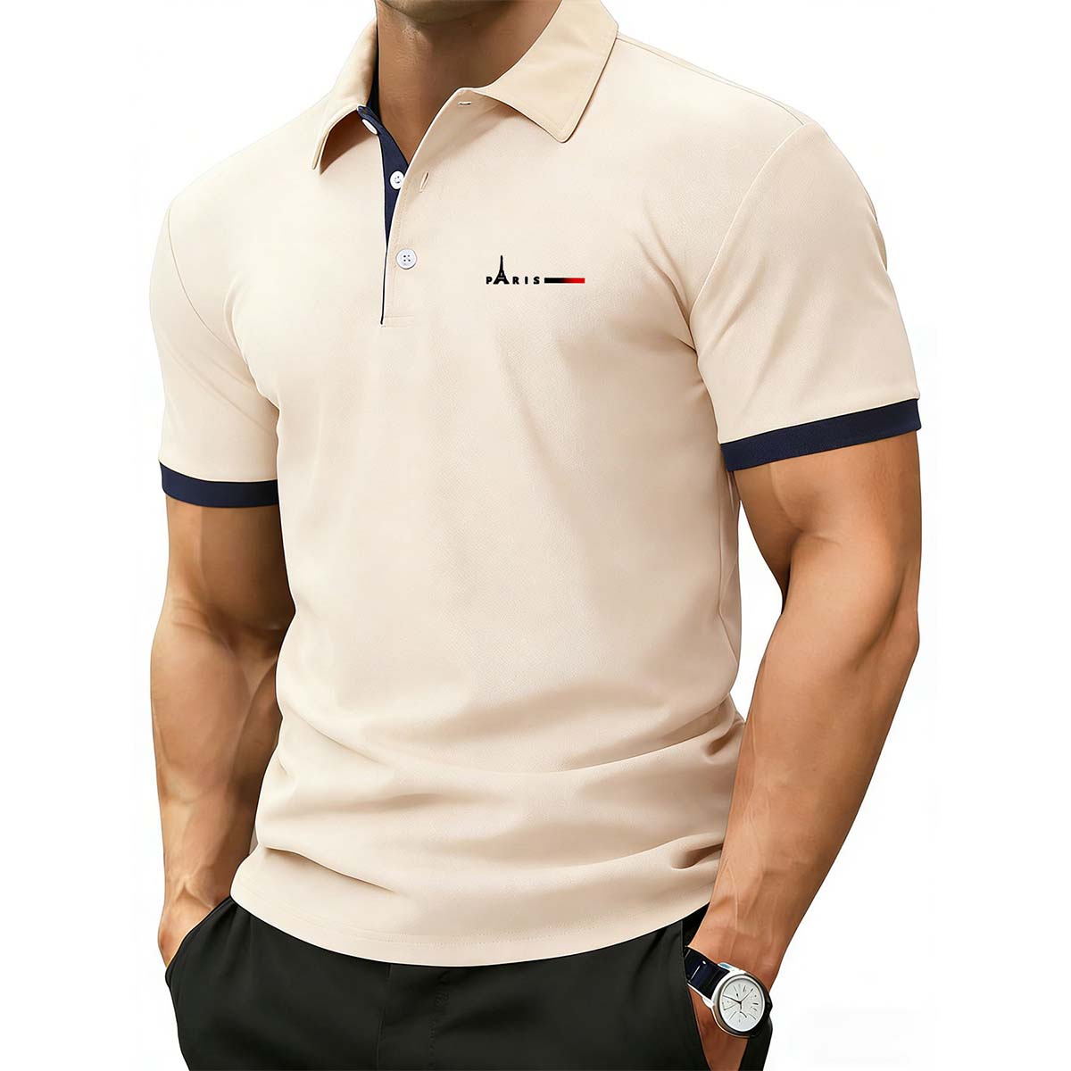 

Мужская футболка-поло с принтом Эйфелевой башни в Париже, короткий рукав, контрастная красная отделка, дышащие повседневные топы L бежевый