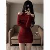 Off-Shoulder Knitted Bodycon Dress - Long Sleeve, Autumn/Winter Style, Waist-Cinching Short Skirt