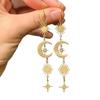 Bohemia Gold Color Stainless Steel Sun Crescent Moon Inlaid Zircon Miscanthus Awn Star Pendant Dangle Earrings for Women Jewelry