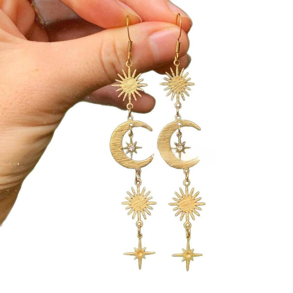 Bohemia Gold Color Stainless Steel Sun Crescent Moon Inlaid Zircon Miscanthus Awn Star Pendant Dangle Earrings for Women Jewelry