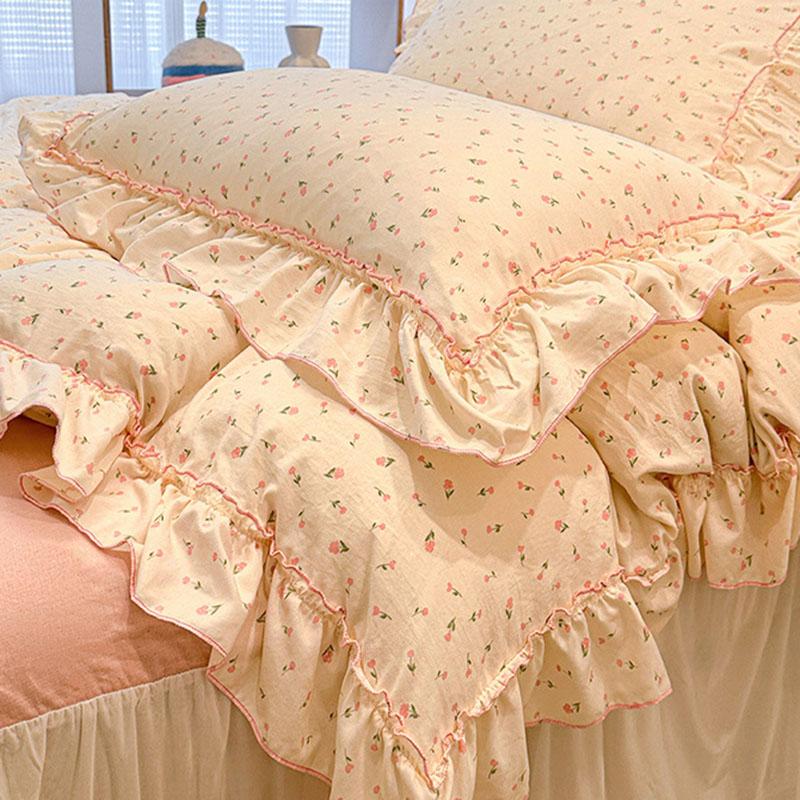 Sweet Flower Printed Bed Skirt Bedding Set Skin Friendly Cotton Nude Sleeping Comforter Set Class-A Twin Single Home Textile