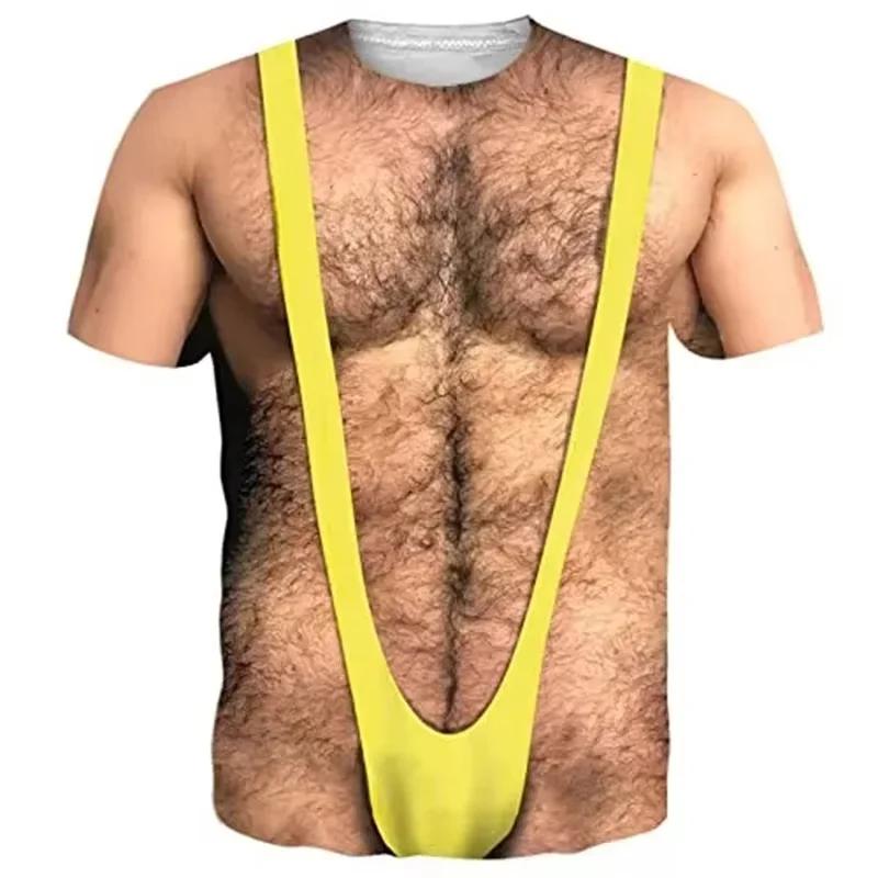 Men's Funny Hairy Chest Graphic T-shirts Fake Muscle Abs 3D Print Short Sleeve T-shirts Spring Summer Cosplay Costume Tops